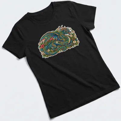 Floral dragon illustration with golden filigree in vibrant colors — printed on a women's shirt