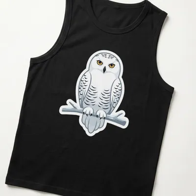 Cartoon design of a majestic white owl perched on a branch with colorful accents — printed on a tank top