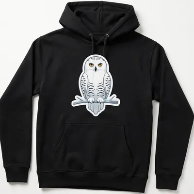 Cartoon design of a majestic white owl perched on a branch with colorful accents — printed on a unisex hoodie