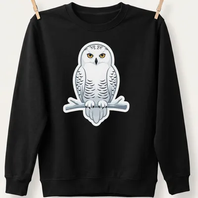 Cartoon design of a majestic white owl perched on a branch with colorful accents — printed on a unisex sweatshirt