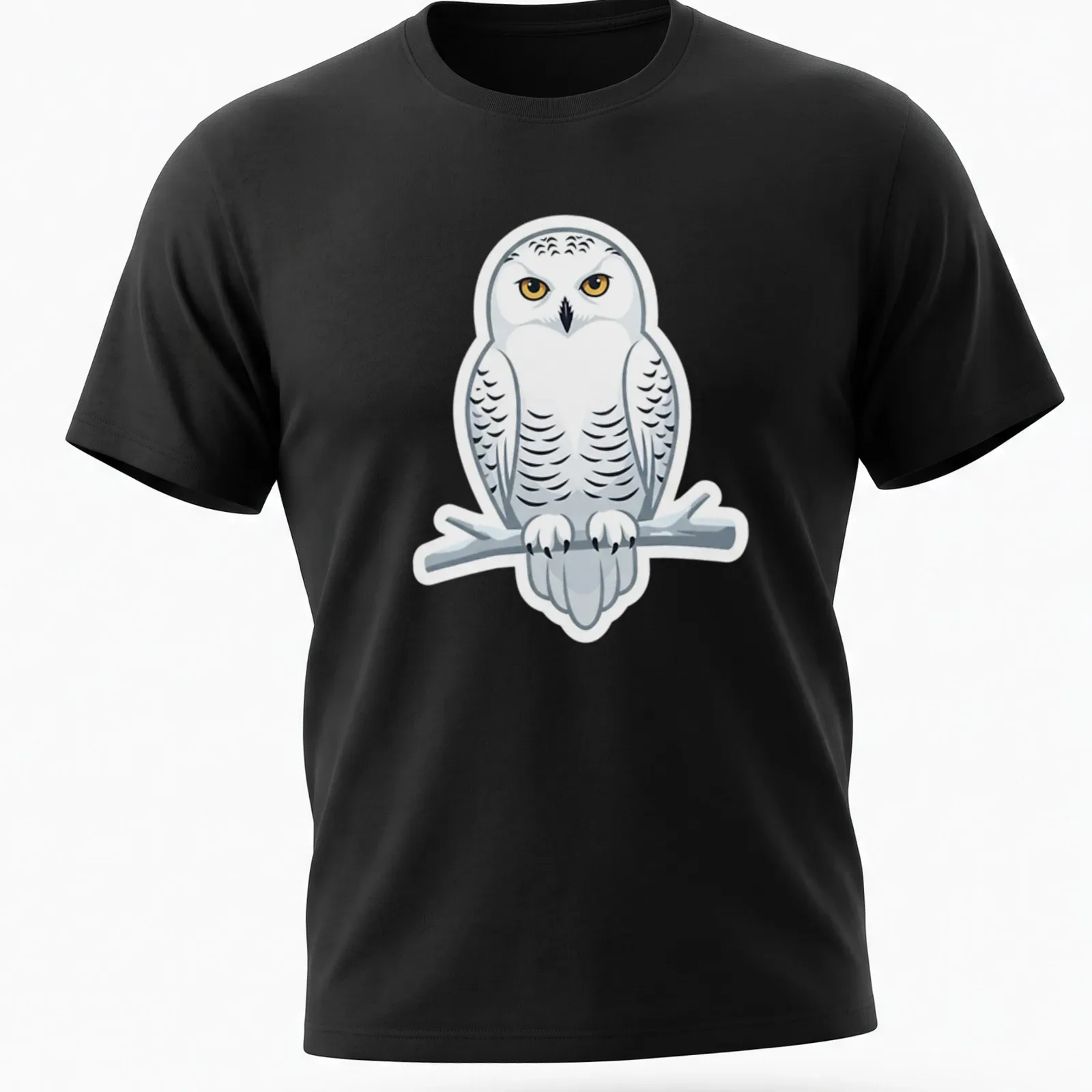 Cartoon design of a majestic white owl perched on a branch with colorful accents — printed on a unisex t-shirt