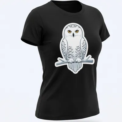 Cartoon design of a majestic white owl perched on a branch with colorful accents — printed on a women's shirt