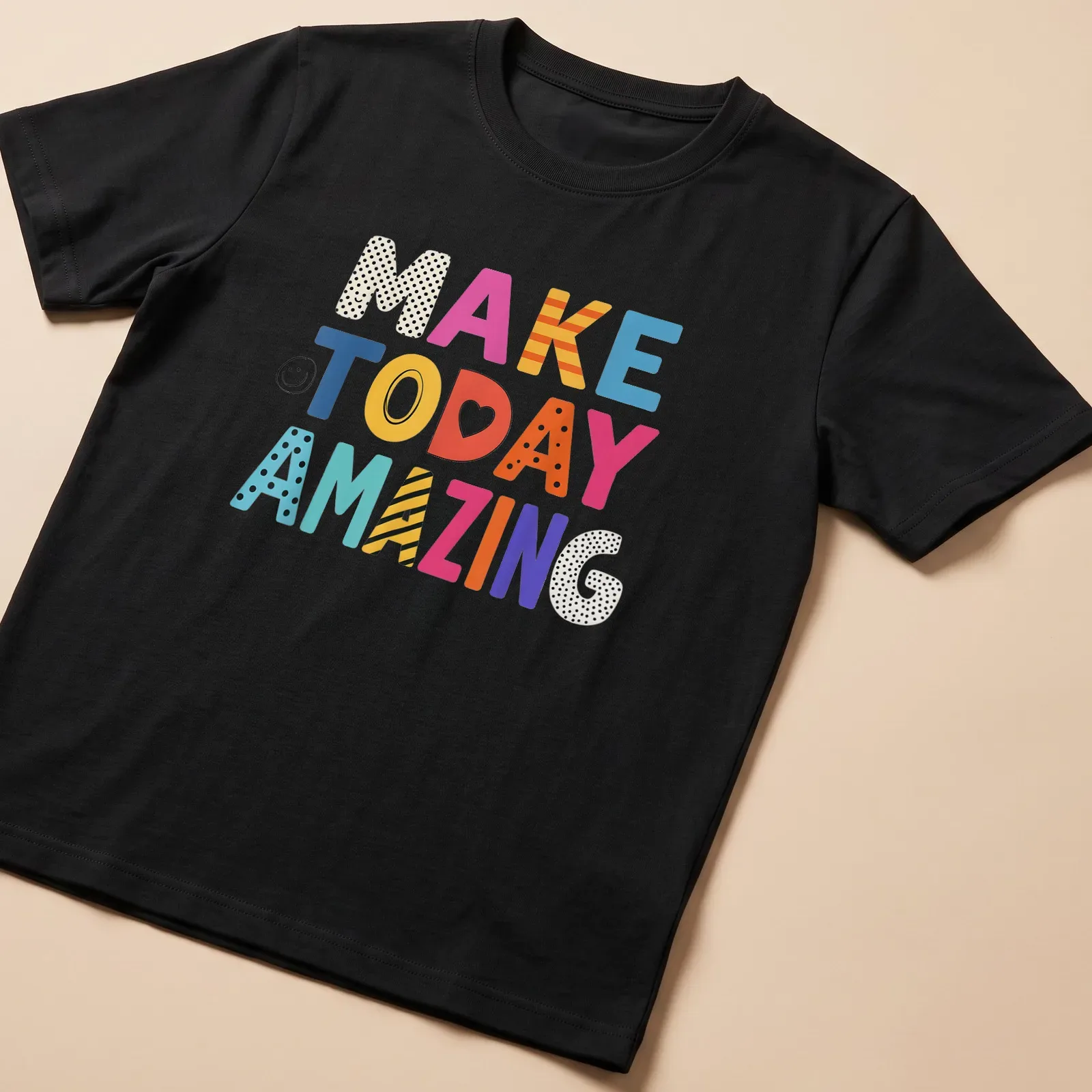 Colorful motivational t-shirt with the words 'MAKE TODAY AMAZING' in playful typography — printed on a unisex t-shirt