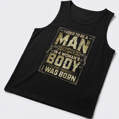 Vintage distressed tee with humorous text about identity in gold and white. — printed on a tank top