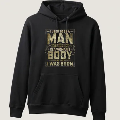 Vintage distressed tee with humorous text about identity in gold and white. — printed on a unisex hoodie