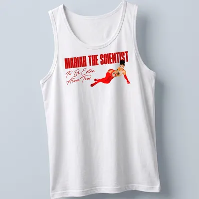 Glamorous Mariah The Scientist t-shirt with red dress and tour text — printed on a tank top