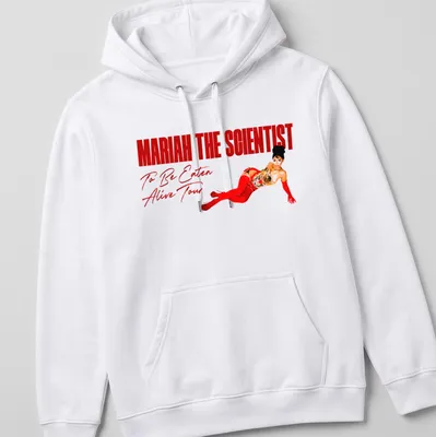 Glamorous Mariah The Scientist t-shirt with red dress and tour text — printed on a unisex hoodie