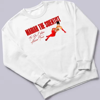 Glamorous Mariah The Scientist t-shirt with red dress and tour text — printed on a unisex sweatshirt