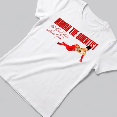 Glamorous Mariah The Scientist t-shirt with red dress and tour text — printed on a women's shirt