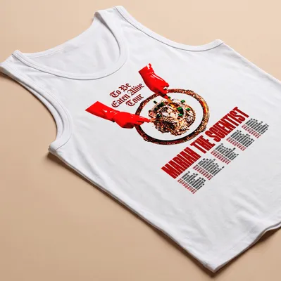 Bold typography T-shirt featuring Mariah The Scientist's tour details in red, black, and white. — printed on a tank top