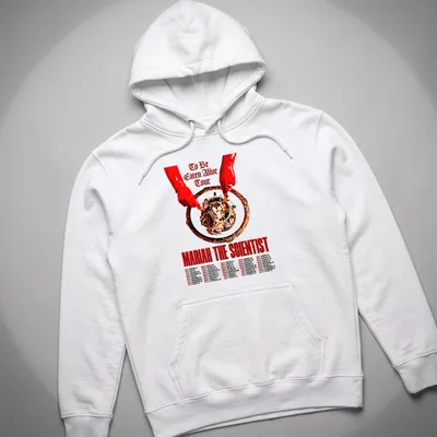 Bold typography T-shirt featuring Mariah The Scientist's tour details in red, black, and white. — printed on a unisex hoodie
