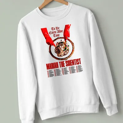 Bold typography T-shirt featuring Mariah The Scientist's tour details in red, black, and white. — printed on a unisex sweatshirt