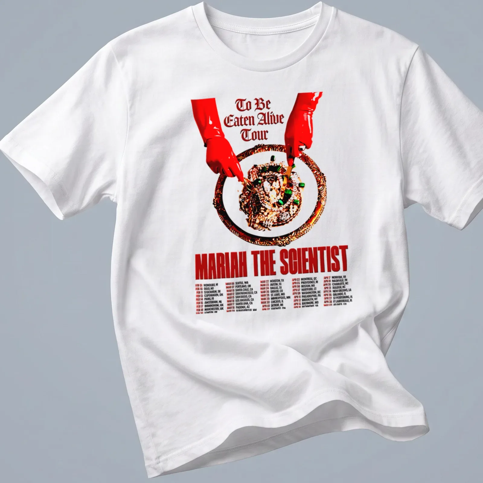 Bold typography T-shirt featuring Mariah The Scientist's tour details in red, black, and white. — printed on a unisex t-shirt