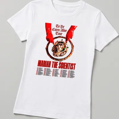 Bold typography T-shirt featuring Mariah The Scientist's tour details in red, black, and white. — printed on a women's shirt