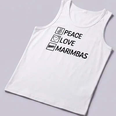 Bold typography shirt featuring 'PEACE LOVE MARIMBAS' surrounded by marimba imagery — printed on a tank top