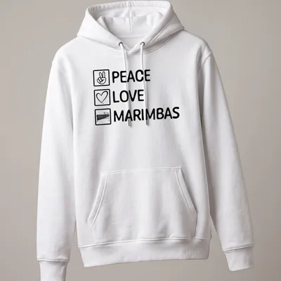 Bold typography shirt featuring 'PEACE LOVE MARIMBAS' surrounded by marimba imagery — printed on a unisex hoodie