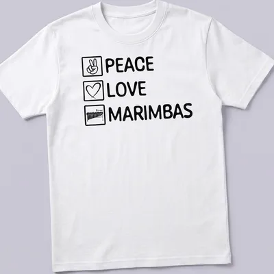 Bold typography shirt featuring 'PEACE LOVE MARIMBAS' surrounded by marimba imagery