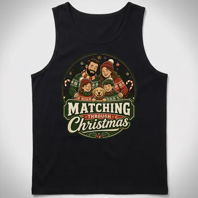 Vintage festive Christmas T-shirt with matching family in sweaters and a dog. — printed on a tank top