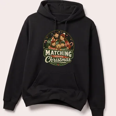 Vintage festive Christmas T-shirt with matching family in sweaters and a dog. — printed on a unisex hoodie