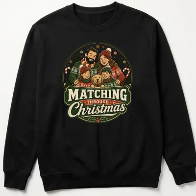 Vintage festive Christmas T-shirt with matching family in sweaters and a dog. — printed on a unisex sweatshirt