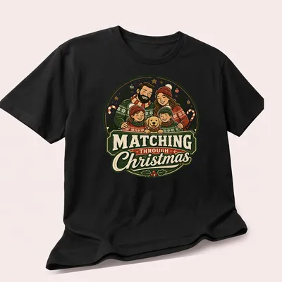 Vintage festive Christmas T-shirt with matching family in sweaters and a dog. — printed on a unisex t-shirt (angled view)