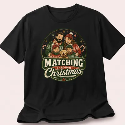 Vintage festive Christmas T-shirt with matching family in sweaters and a dog.
