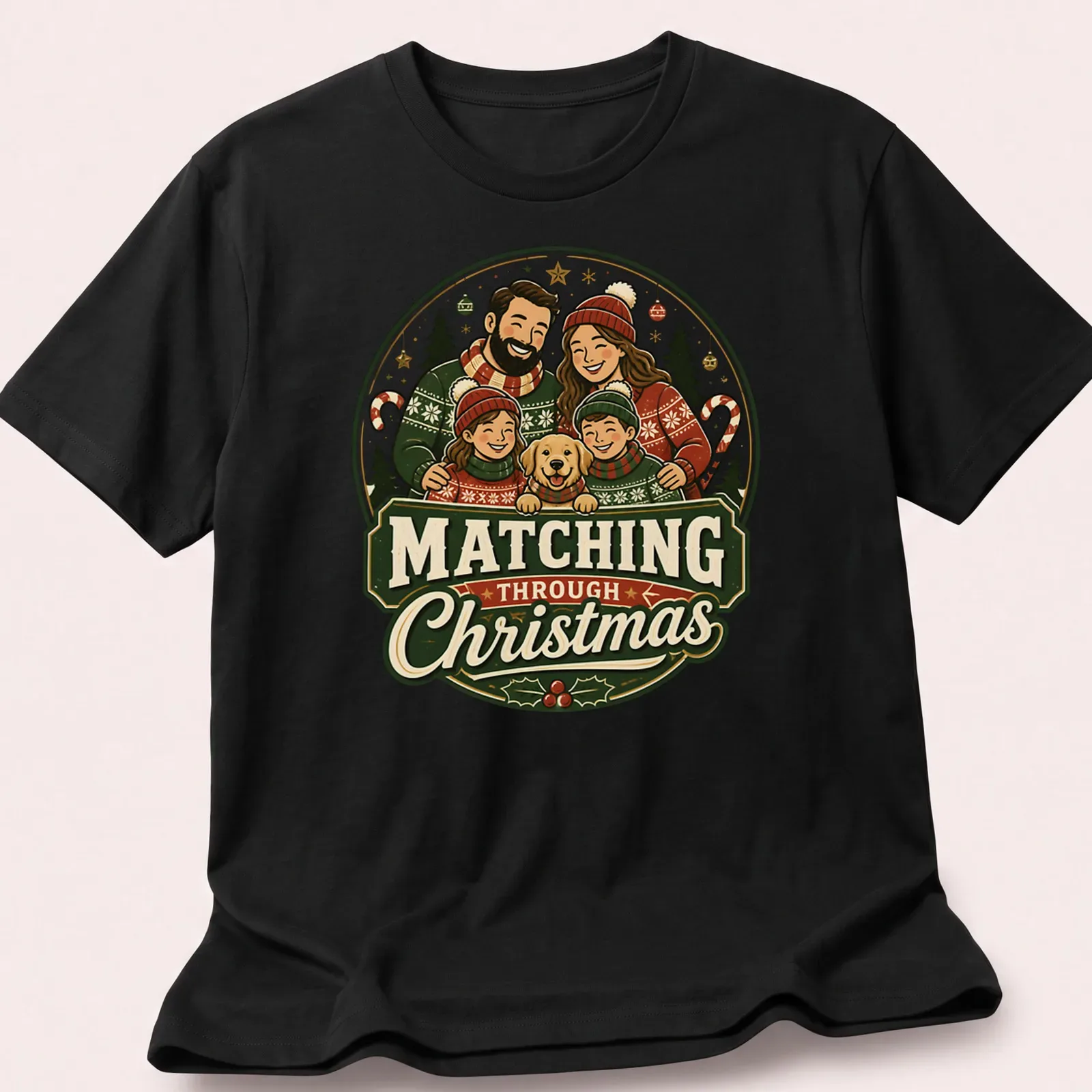Vintage festive Christmas T-shirt with matching family in sweaters and a dog. — printed on a unisex t-shirt