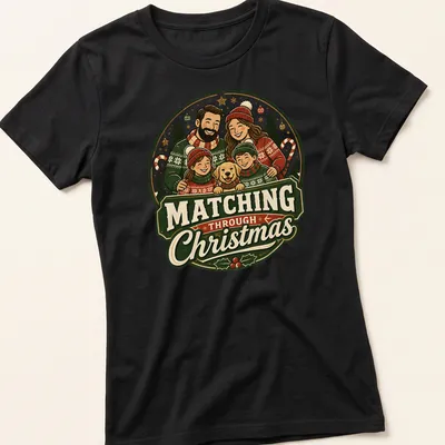 Vintage festive Christmas T-shirt with matching family in sweaters and a dog. — printed on a women's shirt