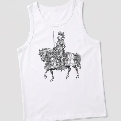 Medieval knight on horseback illustrated in black and white — printed on a tank top
