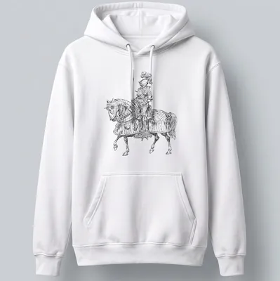 Medieval knight on horseback illustrated in black and white — printed on a unisex hoodie
