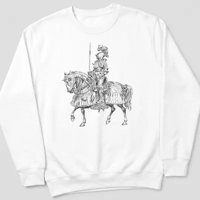 Medieval knight on horseback illustrated in black and white — printed on a unisex sweatshirt