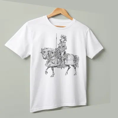 Medieval knight on horseback illustrated in black and white — printed on a unisex t-shirt (angled view)