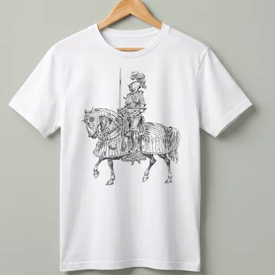 Medieval knight on horseback illustrated in black and white