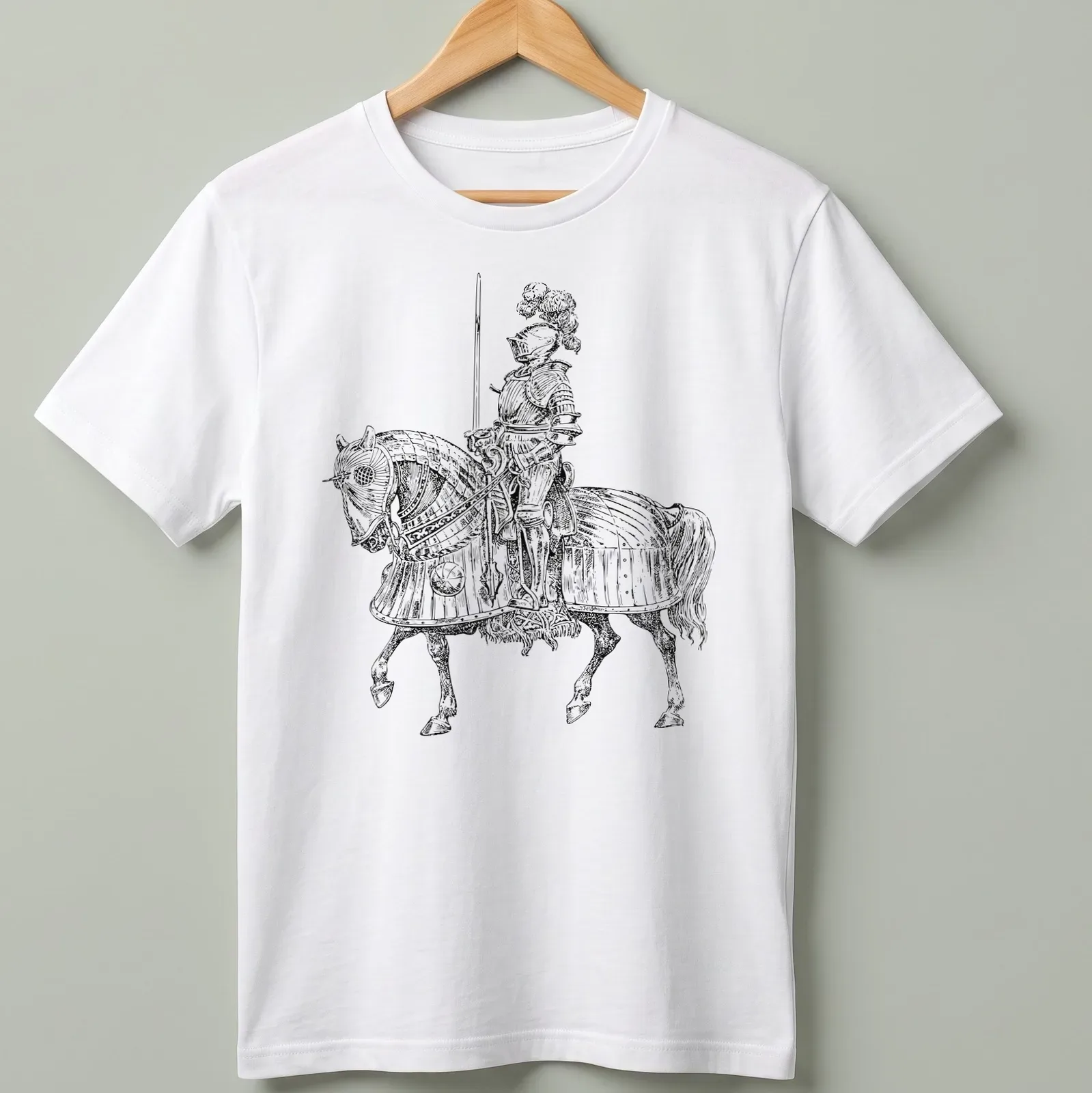 Medieval knight on horseback illustrated in black and white — printed on a unisex t-shirt
