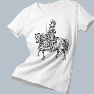 Medieval knight on horseback illustrated in black and white — printed on a women's shirt