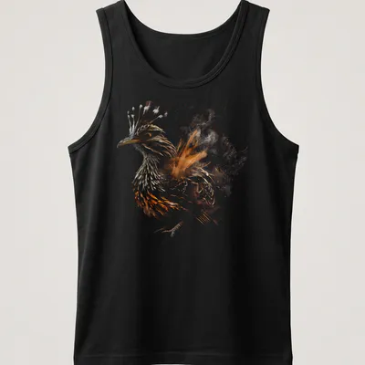 Abstract illustration of the Mexican Roadrunner in brown, orange, black, and white. — printed on a tank top