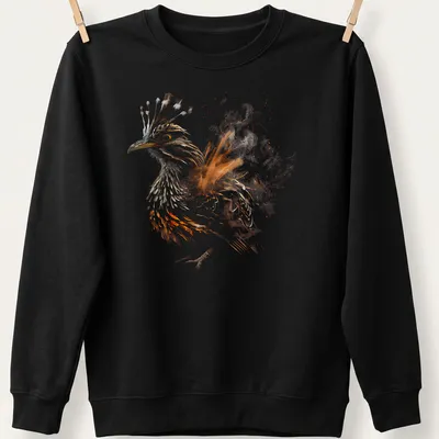 Abstract illustration of the Mexican Roadrunner in brown, orange, black, and white. — printed on a unisex sweatshirt