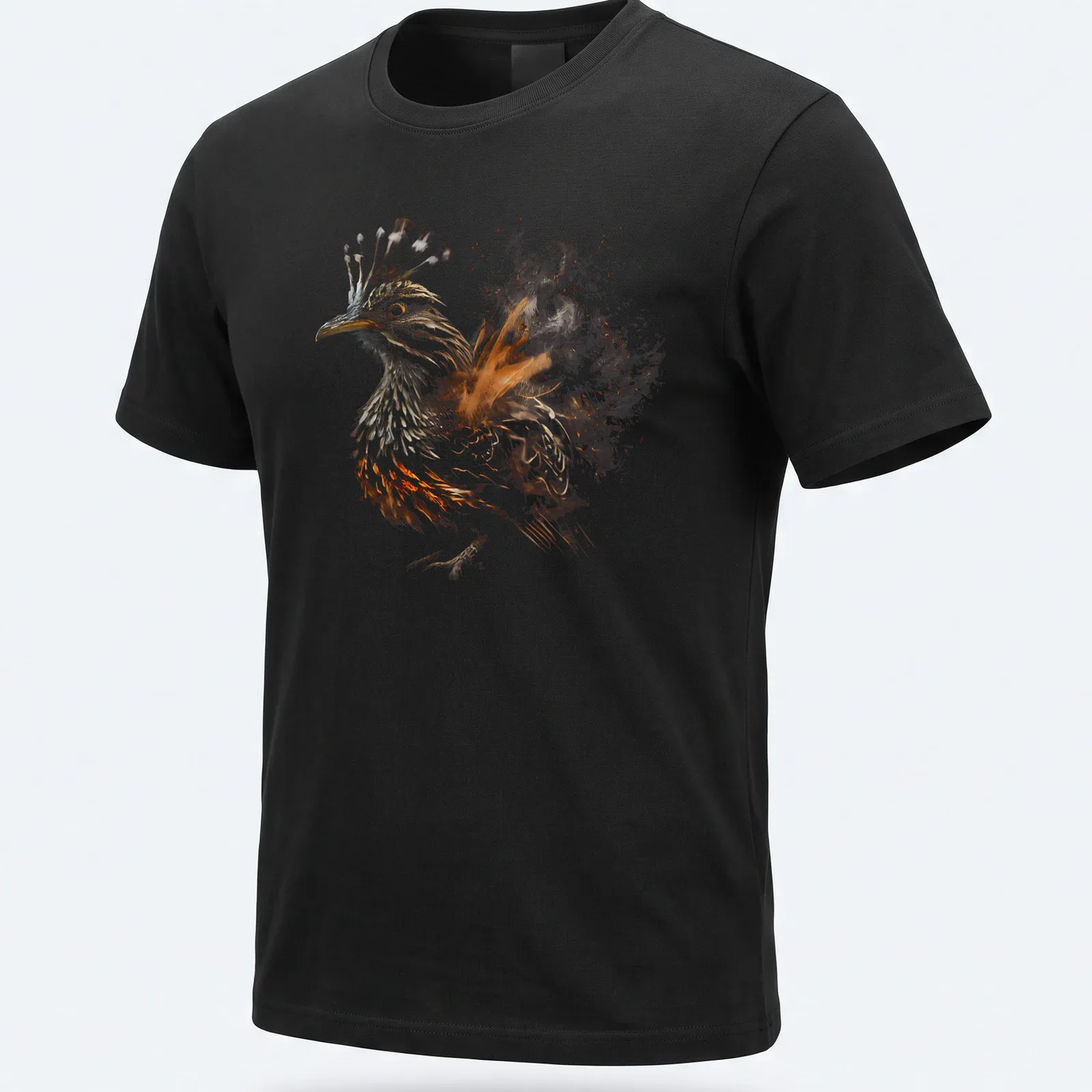 Abstract illustration of the Mexican Roadrunner in brown, orange, black, and white. — printed on a unisex t-shirt