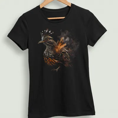 Abstract illustration of the Mexican Roadrunner in brown, orange, black, and white. — printed on a women's shirt