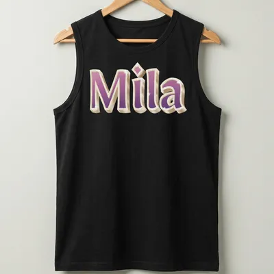 Gold glam design featuring the name Mila in pink and purple — printed on a tank top