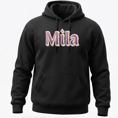 Gold glam design featuring the name Mila in pink and purple — printed on a unisex hoodie