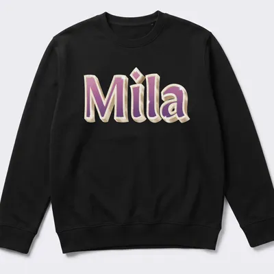 Gold glam design featuring the name Mila in pink and purple — printed on a unisex sweatshirt