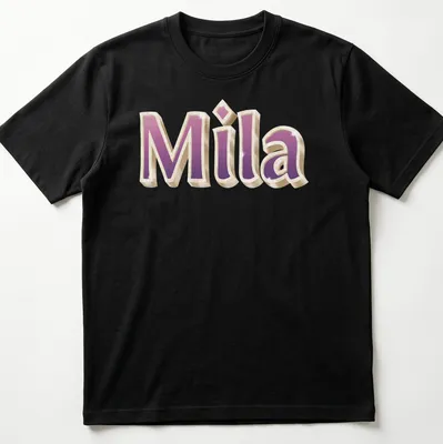Gold glam design featuring the name Mila in pink and purple