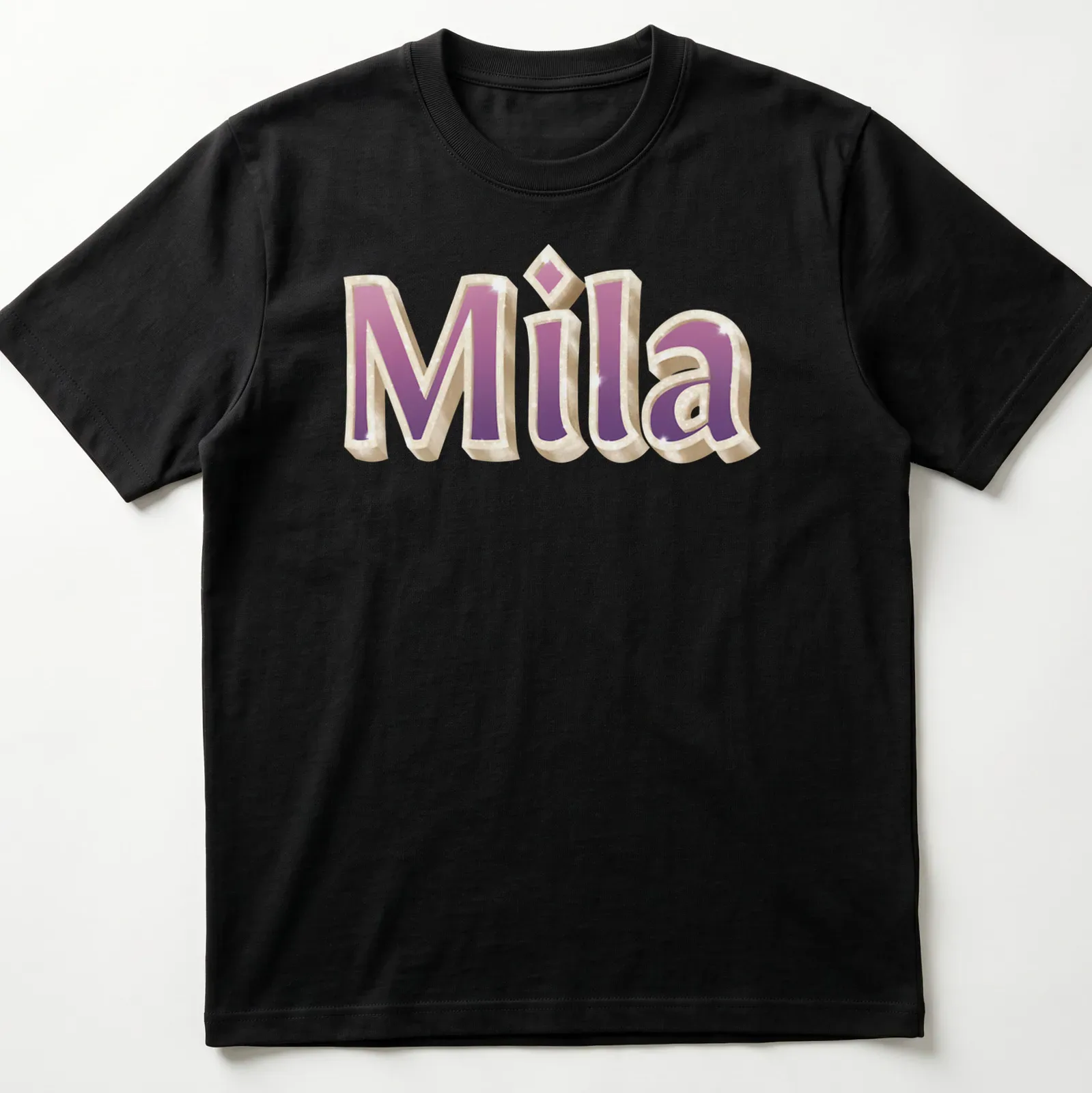 Gold glam design featuring the name Mila in pink and purple — printed on a unisex t-shirt