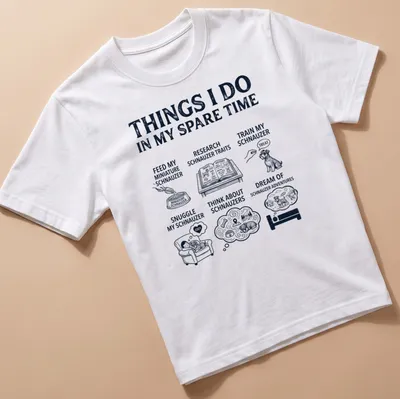 Illustrative design on a t-shirt listing activities for Miniature Schnauzer lovers