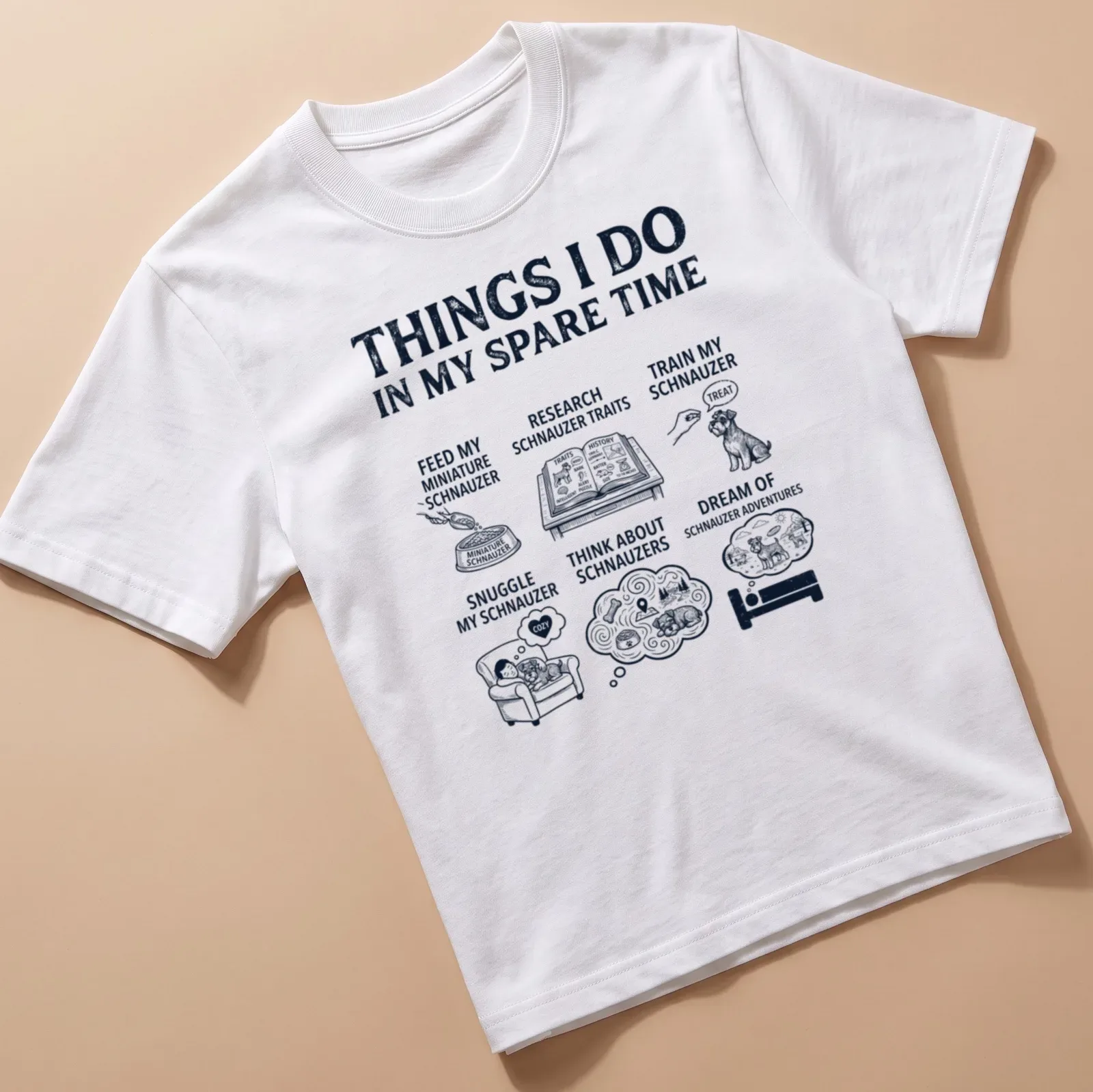 Illustrative design on a t-shirt listing activities for Miniature Schnauzer lovers — printed on a unisex t-shirt
