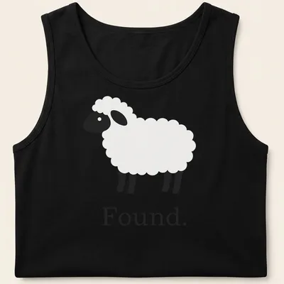 Minimalist sheep graphic with the word 'Found.' in black and white — printed on a tank top