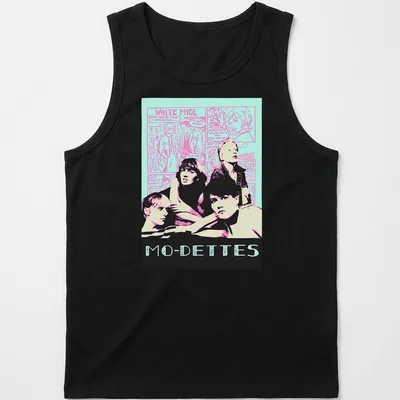 Retro comic Mo-Dettes band t-shirt featuring white mice in vibrant colors. — printed on a tank top