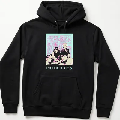 Retro comic Mo-Dettes band t-shirt featuring white mice in vibrant colors. — printed on a unisex hoodie
