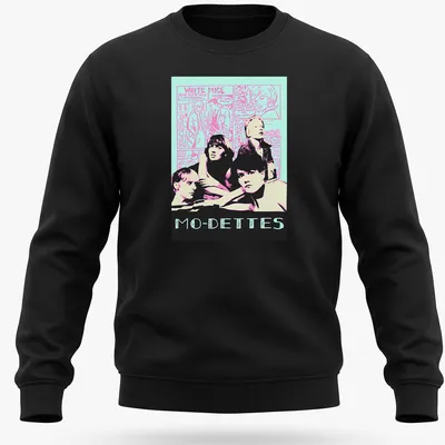Retro comic Mo-Dettes band t-shirt featuring white mice in vibrant colors. — printed on a unisex sweatshirt